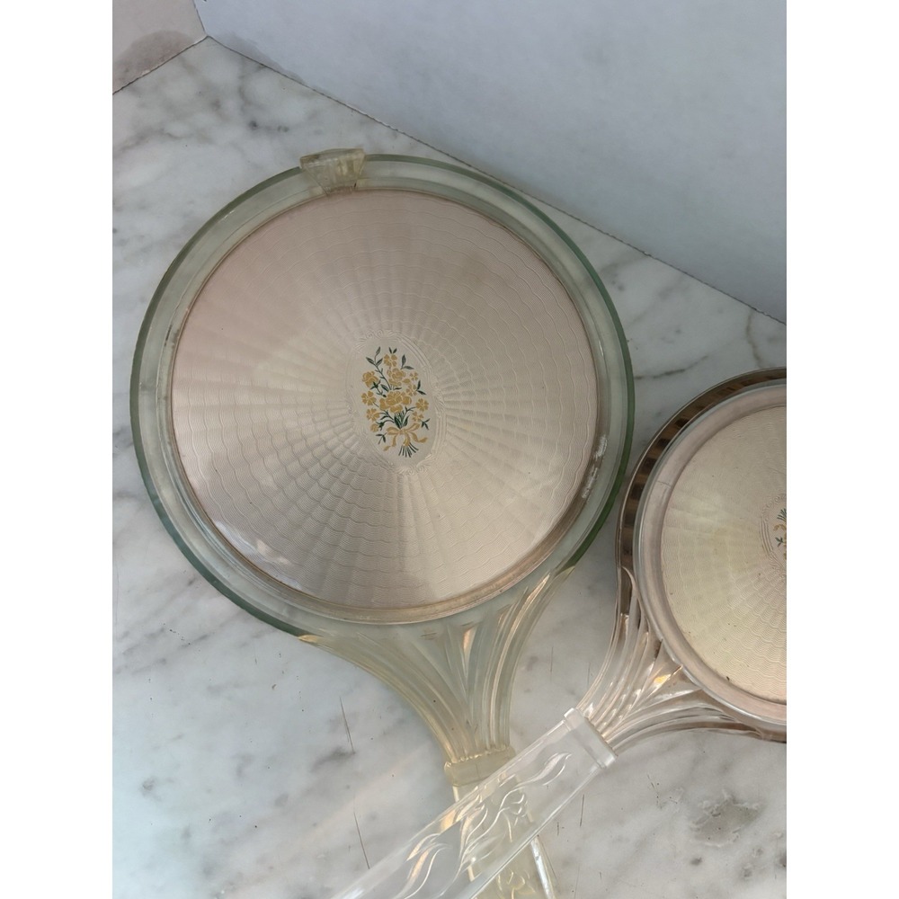 Vtg Early 20th Century Lucite Hand Held Mirror Brush Floral Bouquet Medallian - Picture 3 of 8